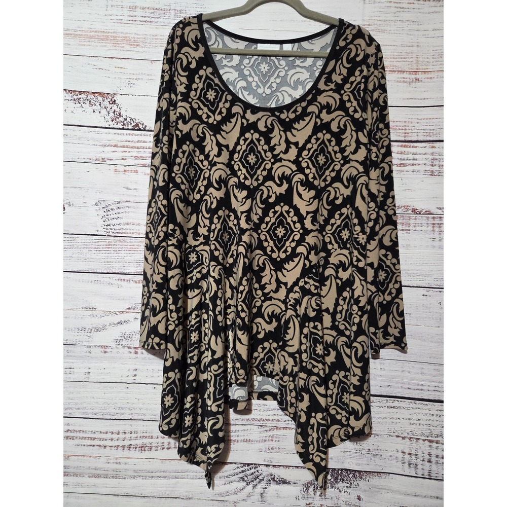 New York & Company Damask Sharkbite Tunic Top Black Tan Long Sleeve Large